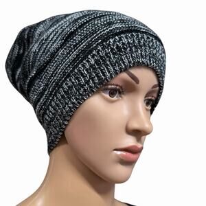 Black Gray Knit Slouchy Beanie Hat Lined Fuzzy Interior Unisex Winter Warm